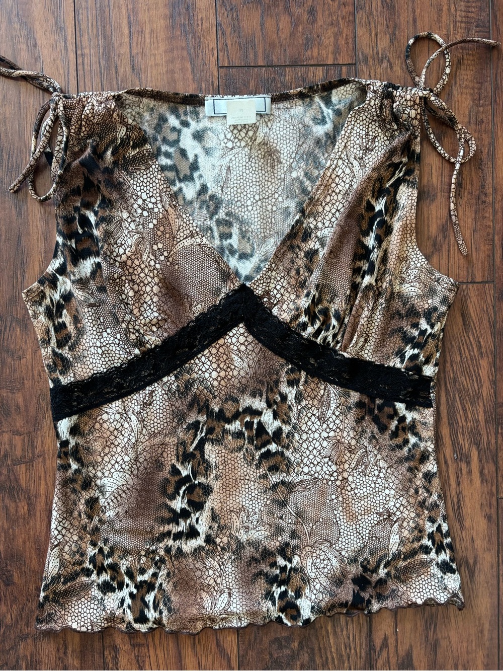 Brown Animal Print Lace-Trim V-Neck Women's Top